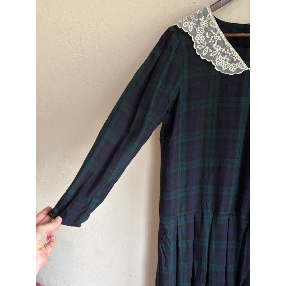 Vintage 80s Laura Ashley Wool Tartan Plaid Drop Waist Dress 12 Lace Collar UK - Picture 6 of 11
